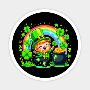 A cute Irish Lad dancing an Irish jig celebrates St Patrick's Day with a rainbow pot of gold and shamrocks Irish Pride Irish American four leaf clovers Irish dance Magnet